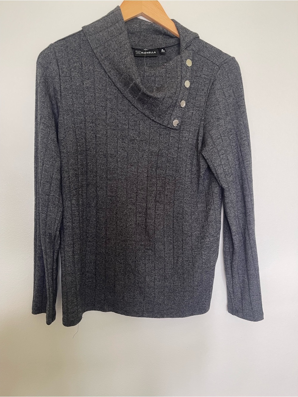 Rafaella Gray Ribbed Knit Cowl Sweater with Button Detail